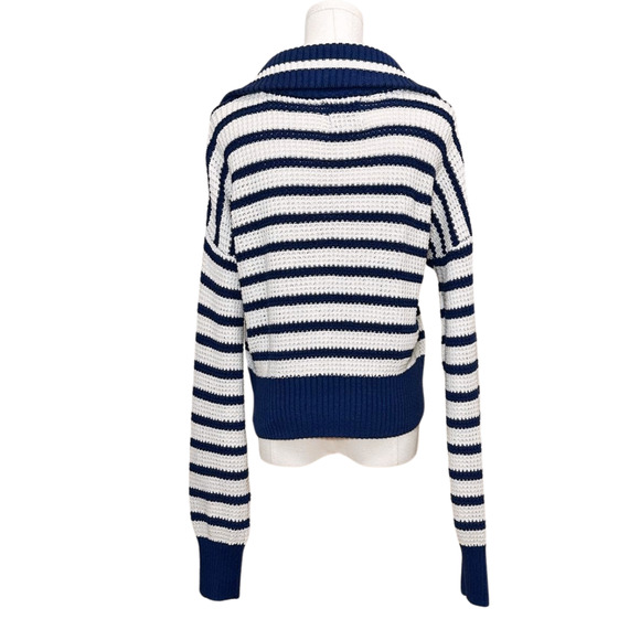 Pink Rose Blue White Striped Funnel Zip Collar Sweater Large Preppy Nautical - Picture 6 of 8